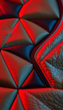 Abstract tessellations of faux leather and brushed canvas, macro details, sharp focus on geometric stitching and zipper teeth,  flat lay,  macro