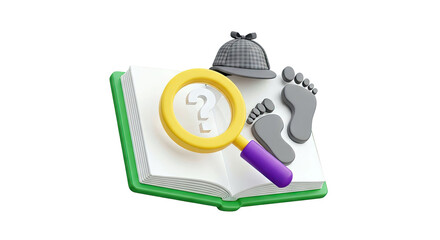 Detective Elements: Book, Magnifying Glass, Footprints, and Hat