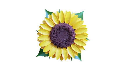 Bright Yellow Sunflower with Green Leaves on White Background