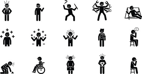 Mental health emotion and stress silhouette icon set, psychological behavior concepts, anxiety depression burnout symbols, black white vector illustration bundle