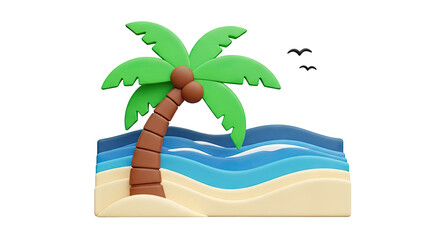 3D Render of a Tropical Beach Scene with Palm Tree and Birds