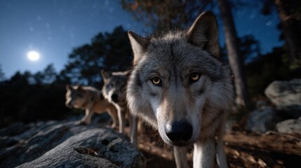 Obraz premium A pack of wolves under a starry night sky