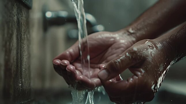 Close-up of hands washing under running water in a bathroom sink