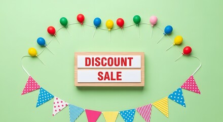 Discount Sale sign surrounded by colorful balloons and party bunting on a light green background