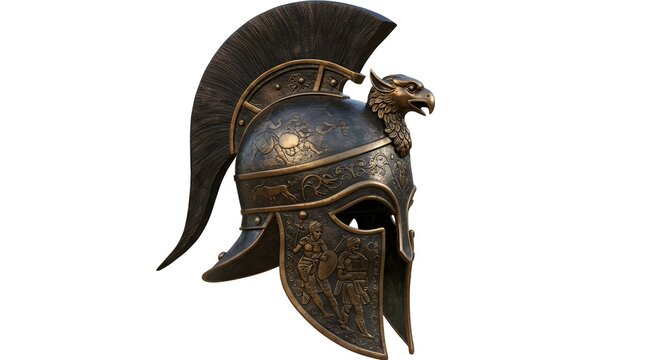 Ornate antique helmet featuring bronze accents, eagle crest, and elaborate relief details