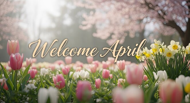 Spring welcome Tulips and daffodils bloom, greeting April in a dreamy, soft-focus garden scene. Celebrating the season's arrival with vibrant colors.