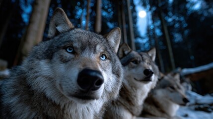 Naklejka premium A pack of wolves under a starry night sky