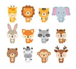 Cute wild animals vector illustration set featuring twelve forest animals in standing poses. Includes tiger, lion, elephant, giraffe, zebra, deer, fox, monkey, and other animals in a cute cartoon styl