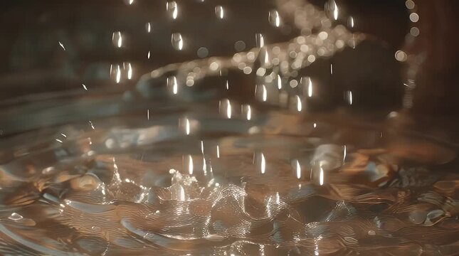 Water Droplets Falling into Liquid Surface Creating Ripples and Reflections from Overhead Viewpoint