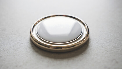 A close-up view of a silver metal button on a grey surface