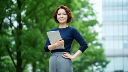 Fototapeta premium 新緑の中でタブレットを抱え自信に満ちたビジネス女性