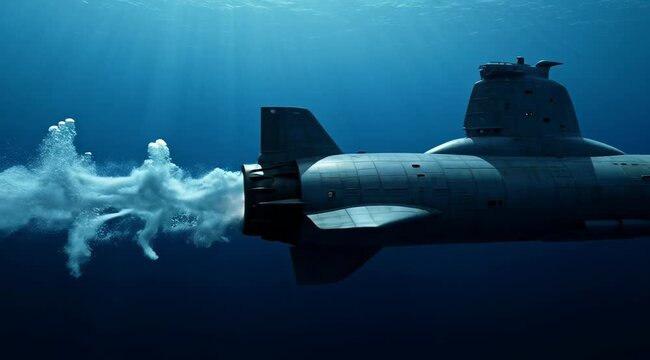 Military submarine navigating underwater in deep blue ocean with light rays
