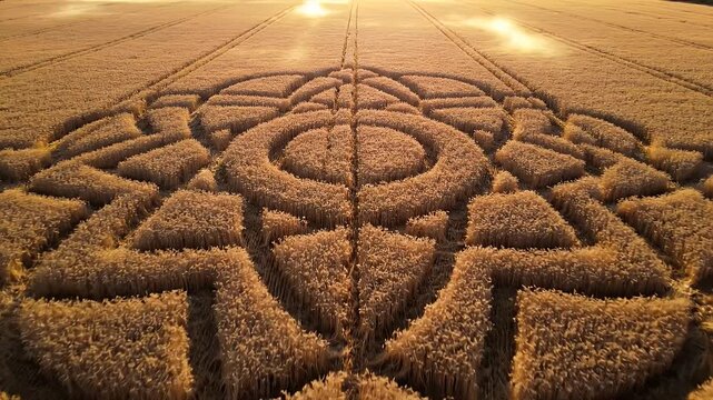 Aerial view of a complex circular pattern etched into a sunlit wheat field