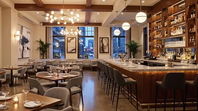 Elegant and modern restaurant interior with a stylish bar area, comfortable dining tables, and warm lighting, creating an inviting and sophisticated atmosphere for guests. 4k video