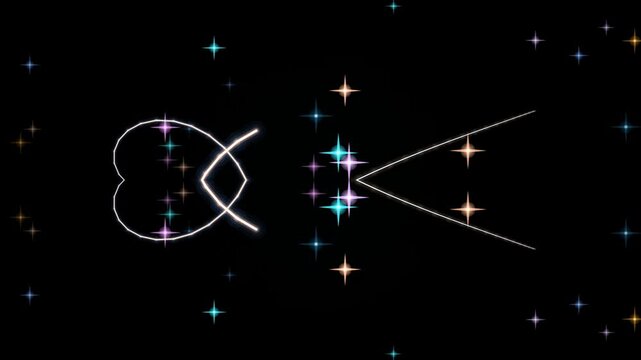 Simple line drawing of two connected hearts forming a cosmic constellation, surrounded by vibrant stars and a dark background, representing love and connection in a celestial, minimalist sty