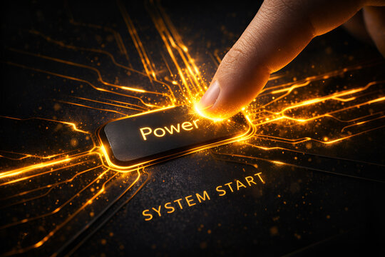 A finger pressing a power button that ignites a ripple of golden energy, symbolizing a startup launch, activation, and new beginnings.