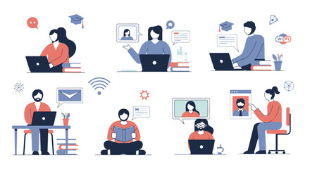 Online learning and remote work scenes with students and professionals at laptops