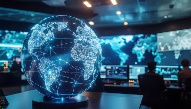 A photorealistic image of a glowing globe in a futuristic control room with multiple screens and people working