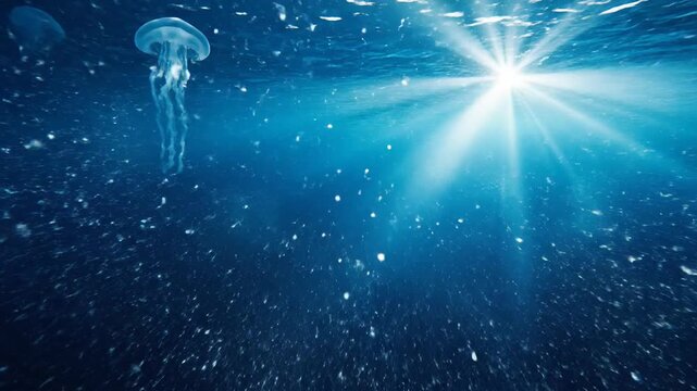 Underwater sun rays illuminate jellyfish and tiny fish school in deep blue ocean