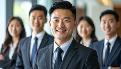 Fototapeta premium Confident Asian Business Team Smiling in Modern Office.
