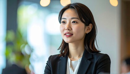 Obraz premium Confident Asian businesswoman in a suit, looking forward with a determined expression.