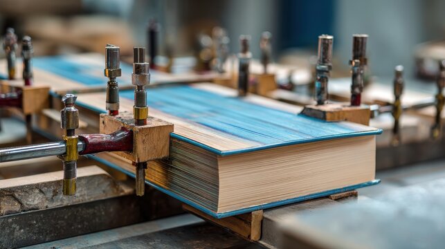 Hardcover book binding process with glue and clamps on blurred background 