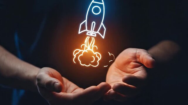 Caring hands holding and supporting a glowing outline of a rocket taking off, symbolizing startup innovation and business development on a dark background. 4k video
