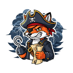 Obraz premium Pirate Fox Captain with Treasure Map and Hook in Stormy Sea Scene