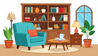 Cozy Reading Nook with Bookshelf and Armchair Illustration.