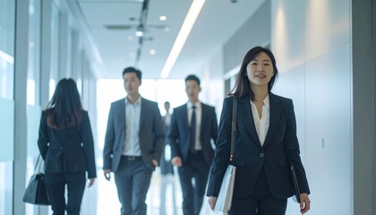 Fototapeta premium Diverse business team walking confidently in modern office corridor.