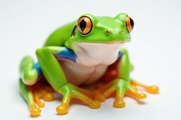 Obraz premium Green tree frog perched on white background, vibrant skin , tree frog, wildlife