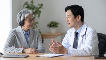 Obraz premium Doctor consulting with senior patient in office setting.