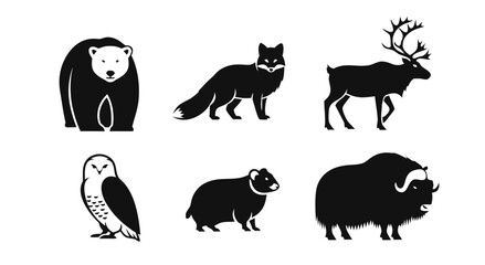 Obraz premium Black and white silhouette illustration of a collection of arctic animals including a polar bear arctic fox reindeer snowy owl lemming and muskox