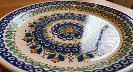 Obraz premium Hand-Painted Polish Pottery Plate with Intricate Floral and Geometric Designs.