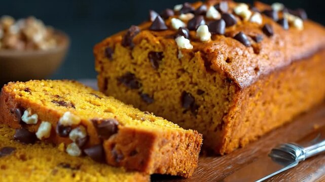 Sliced loaf of pumpkin bread with chocolate chips and walnuts on wooden board with knife bowl in background