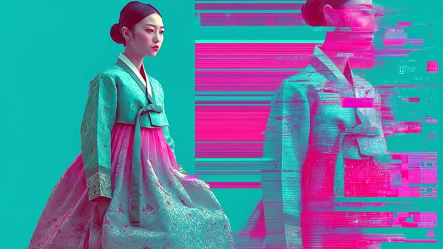 Woman in Traditional Korean Hanbok Dress Posing Isolated