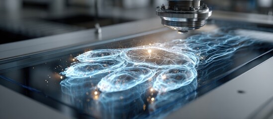 An industrial machine creates a glowing, digital hand outline