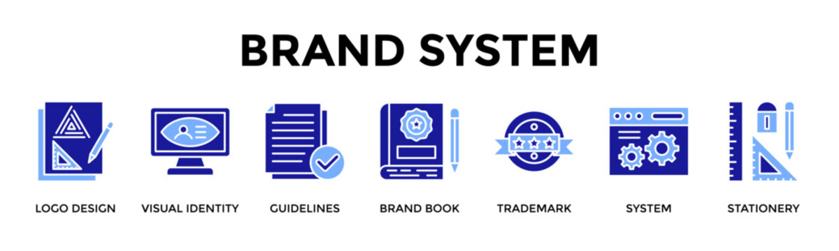 Brand System Icon Set Collection Pack Banner Web Vector Illustration  Concept Containing Logo Design, Visual Identity, Guidelines, Brand Book, Trademark, System, Stationery