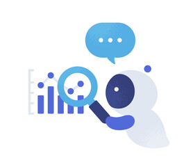 虫眼鏡を持つAI。データをチェックする人工知能のベクターイラスト素材。