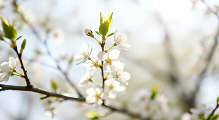 Obraz premium Close-up of white blossoms on a tree branch with green buds and soft background blur