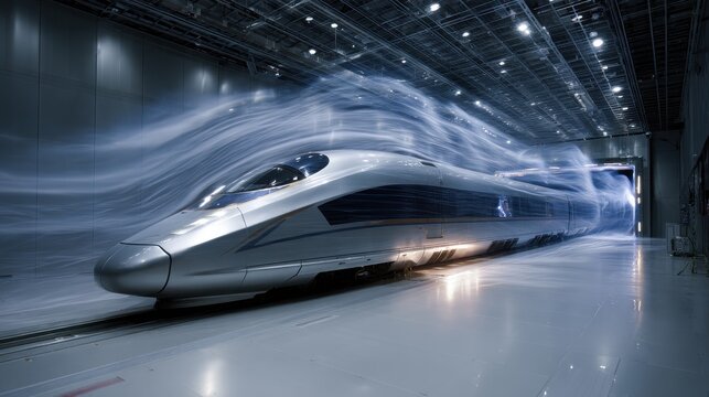 High speed train prototype undergoing wind tunnel testing on blurred background 