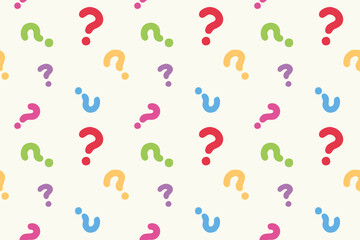 ランダムに散らばるカラフルな疑問符模様のシームレスパターン　ポップなはてなマーク(クエスチョンマーク)柄のベクター背景イラスト