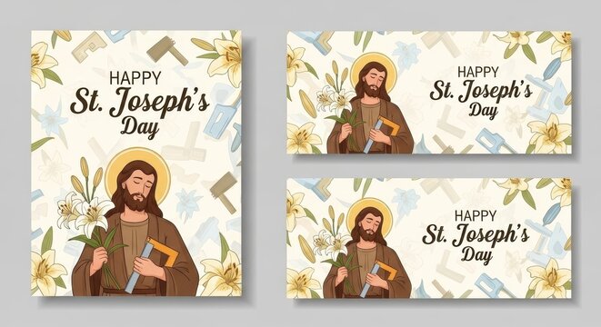 Happy St. Josephs Day Watercolor Banner and Post Set.