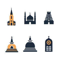 Obraz premium A set of six religious building icons in orange and black silhouettes, featuring various architectural styles on a white background. Perfect for education, presentations, and cultural