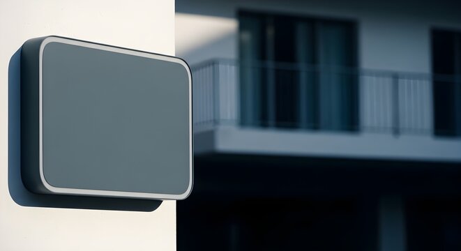 Close up of a blank gray sign on a white wall