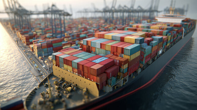 An impressive view of a large cargo ship at the port, loaded with containers. The ship is surrounded by cranes and containers