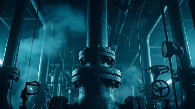 Industrial Pipes and Valves in a Dark, Steamy Factory Setting.