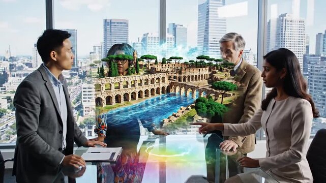 Diverse business group discusses holographic Colosseum in modern office meeting