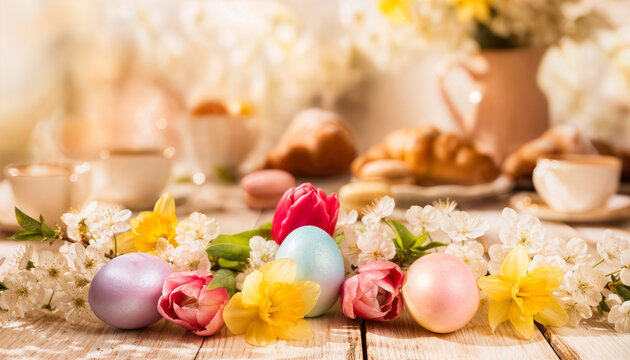 Ostern Fr&uuml;hlingsstilleben mit bunten Ostereiern, Tulpen und Narzissen beim gem&uuml;tlichen Fr&uuml;hst&uuml;ck