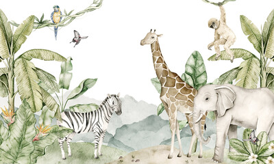 Watercolor jungle wallpaper with giraffe, elephant, zebra, monkey, parrots and tropical plants. Pastel soft colors. Animal themed wall design for nursery interior, kids room decor, playroom styling. © Evgeniia